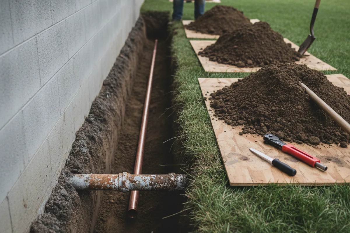 Excavated water line trench during Sewer Line Repair in Spofford